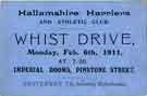 View: y12819 Hallamshire Harriers and Athletic Club ticket for whist drive at Imperial Rooms, Pinstone Street, Monday 6th February 1911