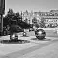 View: a04924 Steel ball sculptures outside the rear entrance to the Winter Garden, looking across the Peace Gardens towards Pinstone Street