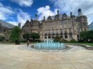 View: a05475 Sheffield Peace Gardens fountains coloured blue to celebrate the 72nd birthday of the National Health Service (NHS)