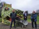 View: a06288 Councillor Bob Johnson, Councillor Mary Lea and Christine Welburn (Friends of Hillsborough Park) stand next to a giant snake head slide at Hillsborough playground