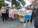 Demonstration against Posie Parker (a gender critical and anti transgender rights activist) at a 'Let Women Speak' rally, Barkers Pool