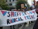 Sheffield Radical Pride banner at a demonstration against Posie Parker (a gender-critical and anti–transgender rights activist) at a ‘Let Women Speak’ rally, Barkers Pool