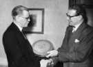 John Henry Bingham, Lord Mayor of Sheffield, 1954-1955: Receiving the film of the visit of HM The Queen [and Philip, Duke of Edinburgh], Town Hall, Pinstone Street