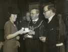 Mrs B. Ward, Assistant Probation Officer meeting Lord Mayor, Councillor Samuel Hartley Marshall JP (centre), and Rt. Hon. Herbert Morrison MP (2nd right) at the opening of the Osborn House probation hostel, Burngreave Road