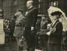 Lord Mayor, Councillor Samuel Hartley Marshall JP (2nd left), Lady Mayoress, Mrs Marshall (2nd right) and Major General [Richard] Gale (taking the salute) when airborne troops marched past the Town Hall, Pinstone Street