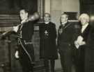 Lord Mayor, Councillor Samuel Hartley Marshall JP with (2nd left) bishop of Sheffield, Leslie Hunter and (1st right) town clerk, John Heys before Council meeting prayers, Town Hall, Pinstone Street