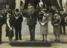 Lt. General Sir Edwin Morris (3rd left), The Lord Mayor, Councillor Samuel Hartley Marshall JP (2nd left) and Lady Mayoress, Mrs Marshall (4th left) review military parade for 'Salute the Soldier Week', Pinstone Street