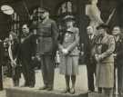 Major General W. W. Green (3rd left), The Lord Mayor, Councillor Samuel Hartley Marshall JP (2nd left) and Lady Mayoress, Mrs Marshall (4th left) review military parade for 'Salute the Soldier Week', Pinstone Street