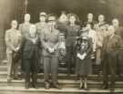 Lord Mayor, Councillor Samuel Hartley Marshall JP and Lady Mayoress, Mrs Marshall with (3rd left front) General Julien Flipo of the Free French Forces ('Fighting French') at the presentation of a vase from the liberated town of Bapaume, France