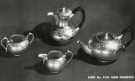 Hand engraved tea and coffee service, E. Leclere, electro plate manufacturers, No. 56 Howard Street