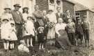 Wedding group outside workmen's houses, Ewden Valley reservoirs (either More Hall or Broomhead)