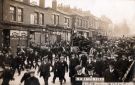 View: p01700 S.Y. Engineers, final church parade, Glossop Road showing shops  (l. to r.) No. 337 M. J. Waite, confectioner and No. 339 J. Hendry, stationer, and Broomhill Post Office