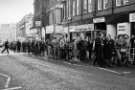 Right to Work march, Church Street showing (right) Refuge Assurance Building, No.39 Toone and Co., estate agents, surveyors and valuers and No.43 Midland Opticians, 1970s