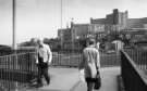 Footbridge, Park Square roundabout showing (centre left) Broad Street and (back) Bard Street Flats and Hyde Park Flats, 1970s