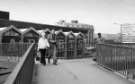 Footbridge, Park Square roundabout showing (back) Sheaf Market, 1970s