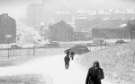 Snow on Park Square roundabout showing (top left) Broad Street, 1970s