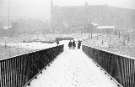 Snow on Park Square roundabout looking towards (top right) Park Hill Flats, 1970s