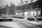 Snow at Hunters Bar roundabout, Ecclesall Road showing shops on Junction Road including No. 81 Candy Bar, confectioners and No. 83 Maureen's Boutique  [and Maureen Birtles Driving School]