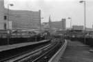 Platforms, Attercliffe Road railway station showing (back) Hyde Park Flats