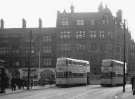 Trams 519 and 506 on Pinstone Street showing (back) Prudential Building, No. 4 Hobbies Ltd., handicraft supplies and models and No. 2  Woolwich Equitable Building Society, St. Paul's Parade