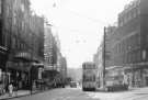 Tram No. 518 at junction of Fargate and High Street showing (right) Cole Brothers, department store