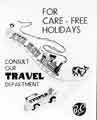 View: s46023 'For care-free holidays consult our travel department'. In store advertising poster, Brightside and Carbrook Cooperative Society, c.1950-1963