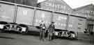 View: s46043 Gordon Avery (left) and Billy Gauntley (right) outside Cravens Ltd., rolling stock manufacturers, Acres Hill Lane 