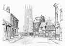 View: s46166 Worksop Road looking towards Kay's Corner (left) and Christ Church, Attercliffe Road by the artist Walter Revill