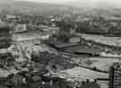 View: s46340 View from Hyde Park Flats of (foreground) Park, City Centre, The Wicker, Nunnery and Netherthorpe showing (left) the construction of Sheaf Market and (right) warehouses at the Canal Basin