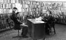 View: s46517 Radio Sheffield presenter Michael Cooke (right) interviews author, Barry Hines, Music Library,Central Library