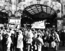 View: s46796 Protestors [?against unemployment or cuts to public services] at the Sheffield Midland railway station prior to travelling to London