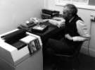 Edwin Speight, librarian with Kurzweil reading machine in the Central Library, Surrey Street