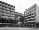 Construction of Fountain Precinct offices, Balm Green showing (foreground) City Hall Gardens, also known as Balm Green Gardens, (funded by J.G. Graves) and (right) Nationwide Building Society, New Oxford House, Barkers Pool)