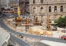 View: sypte00114 Construction of Park Square Supertram Bridge on Commercial Street showing (top right) Canada House (the old Gas Company offices), c.1992