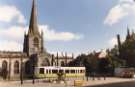 View: sypte00545 South Yorkshire Passenger Transport Executive (SYPTE). Supertram prototype on display outside Sheffield Cathedral, Church Street