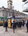 South Yorkshire Passenger Transport Executive (SYPTE). Haymarket/ Exchange Street bus stop, showing (back) Old Town Hall, Waingate