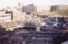 View: sypte00626 South Yorkshire Passenger Transport Executive (SYPTE). Construction of Pond Street Transport Interchange and Pond Street bus station showing (top left) Hyde Park Flats and (top left) Park Hill Flats