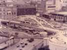 South Yorkshire Passenger Transport Executive (SYPTE). Supertram on the Park Square supertram bridge showing (back right) Sheaf Market and Dunnes Stores and (left) Canada House (old Gas Company offices)