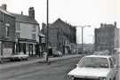 View: t11983 Worksop Road looking towards Attercliffe Road showing (l. to r.) No. 10 G. H. Johnson and Sons, plumbers, Nos. 24 - 26 Britannia Inn and (right) William and Glyns Bank, Nos. 747 - 749 Attercliffe Road