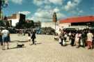 Market stalls on Tudor Square showing (right) the Crucible Theatre