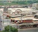 Pond Street bus station showing (left centre) The Old Queens Head public house, No. 40. Pond Hill, (centre) National Travel and (top right) Sheaf Valley swimming baths