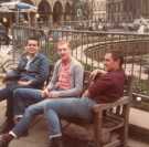 Group posing for artist Paul Waplington on Fargate on National Arts Day, early 1980s