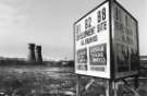 View: u12081 Board advertising the development site for what was to be the future Meadowhall Shopping Centre showing (left) the Tinsley Cooling Towers 