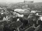 View from Town Hall of (centre) Norfolk Street, Top Rank and the Crucible Theatre showing (left)  St. Marie's RC Cathedral and (back) Park Hill and Hyde Park Flats