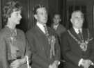 Sir John Osborn (1922 - 2015) MP (second left): possibly General Election results night showing (first right) Alderman Alfred Vernon Wolstenholme, Lord Mayor, [1959]