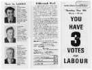 You have 3 votes for Labour. Election leaflet of Geoff Fairbrother, Alf Meade and Bill Meade, Labour Party candidates in the municipal elections for the Hillsborough ward