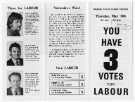 You have 3 votes for Labour. Election leaflet of Roger Barton, Bill Eddison and Philip Moscrop, Labour Party candidates in the municipal elections for the Nethershire ward