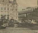 Restoration work in the Peace Gardens showing (left) the Town Hall and (right) the Town Hall extension (known as the 'Egg Box')