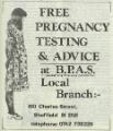 Advertisement for free pregnancy testing and advice, British Pregnancy and Advisory Service, No.160 Charles Street