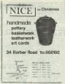 Advertisement for Nice, handmade pottery, basketwork, leatherwork, art cards, No. 34 Barber Road